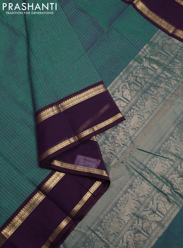 Kanchi cotton saree dual shade of teal green and wine shade with allover zari stripe pattern and rettapet zari woven border