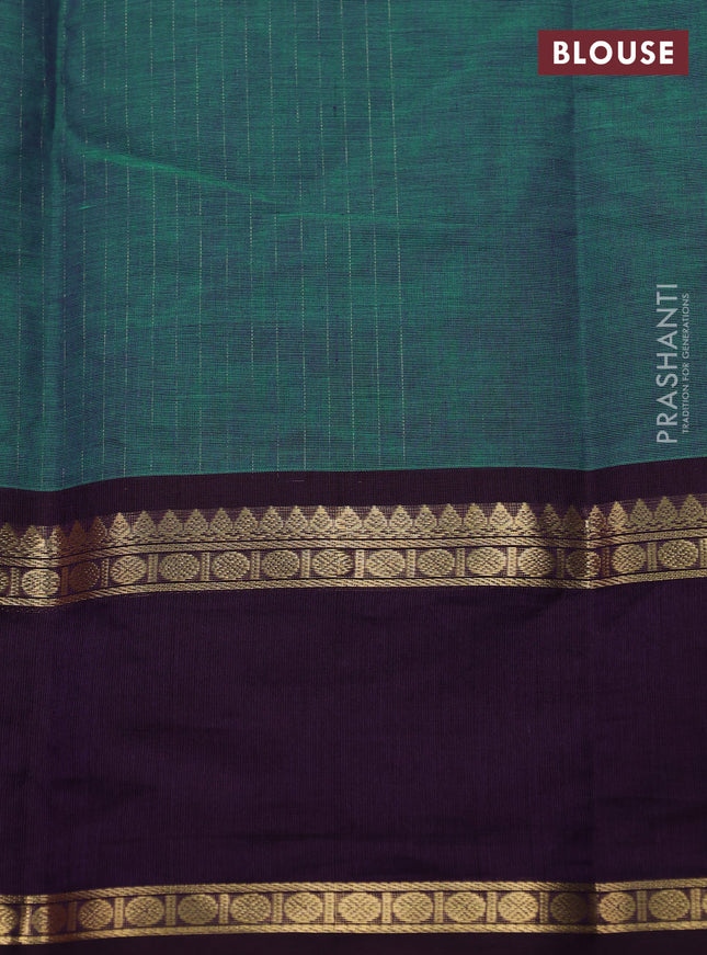 Kanchi cotton saree dual shade of teal green and wine shade with allover zari stripe pattern and rettapet zari woven border