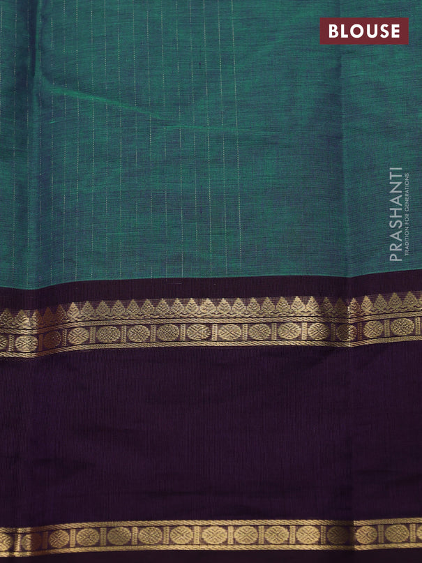 Kanchi cotton saree dual shade of teal green and wine shade with allover zari stripe pattern and rettapet zari woven border