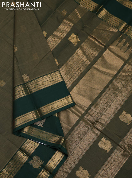 Kanchi cotton saree sap green and green with plain body and rettapet zari woven butta border