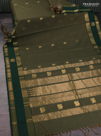 Kanchi cotton saree sap green and green with plain body and rettapet zari woven butta border