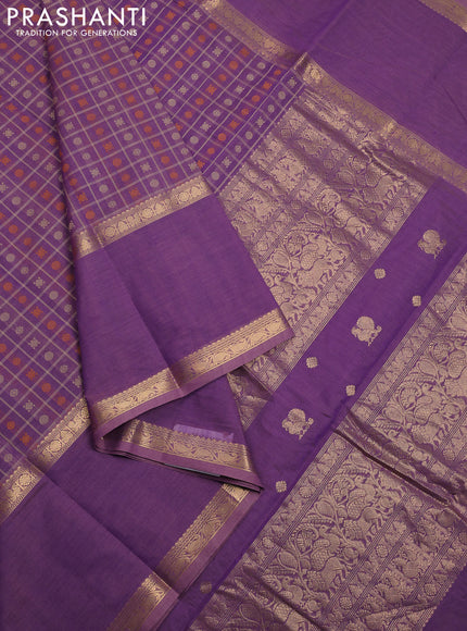 Kanchi cotton saree mild purple with allover thread checks & buttas and long rettapet zari woven border