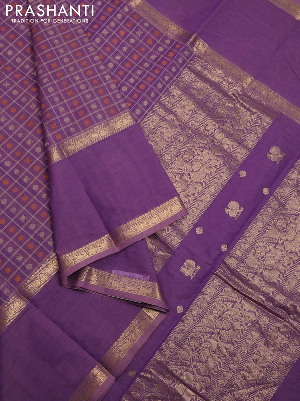 Kanchi cotton saree mild purple with allover thread checks & buttas and long rettapet zari woven border