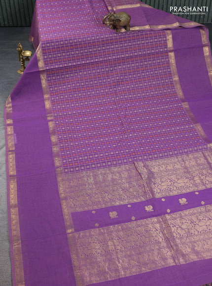 Kanchi cotton saree mild purple with allover thread checks & buttas and long rettapet zari woven border