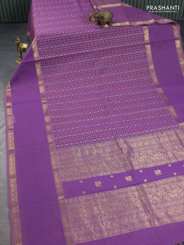 Kanchi cotton saree mild purple with allover thread checks & buttas and long rettapet zari woven border