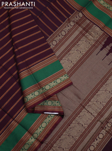 Kanchi cotton saree maroon and green with allover thread woven stripe pattern and long rettapet thread woven border