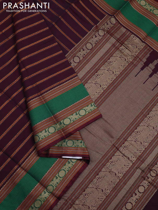 Kanchi cotton saree maroon and green with allover thread woven stripe pattern and long rettapet thread woven border