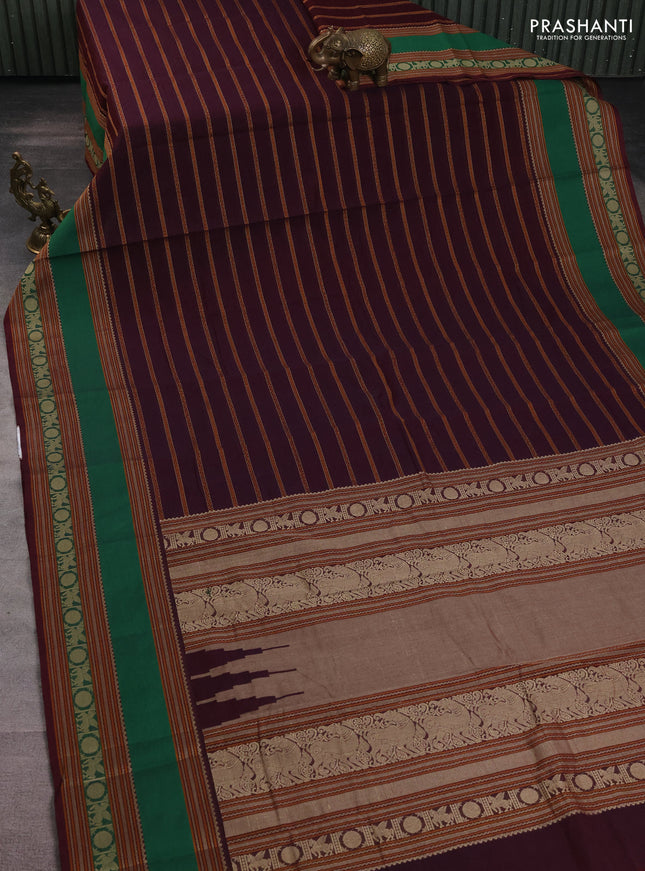 Kanchi cotton saree maroon and green with allover thread woven stripe pattern and long rettapet thread woven border