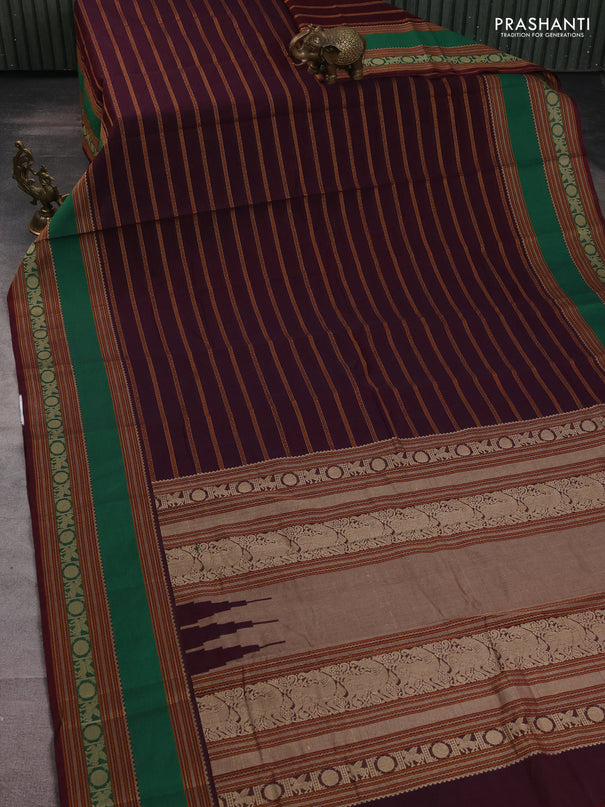 Kanchi cotton saree maroon and green with allover thread woven stripe pattern and long rettapet thread woven border