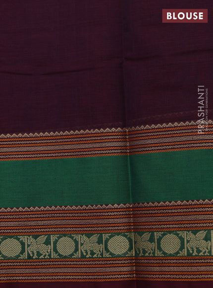 Kanchi cotton saree maroon and green with allover thread woven stripe pattern and long rettapet thread woven border