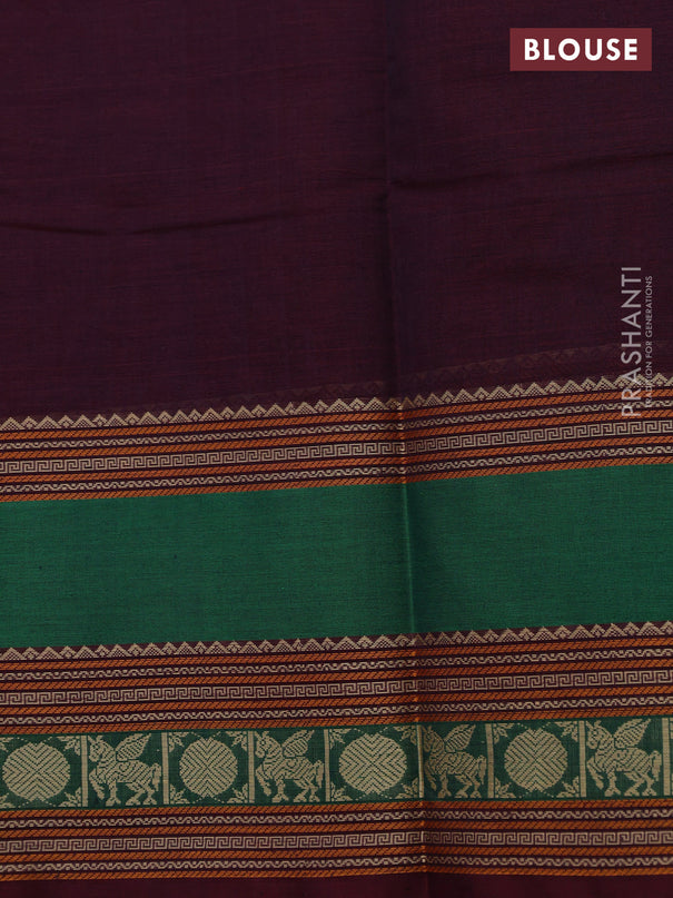 Kanchi cotton saree maroon and green with allover thread woven stripe pattern and long rettapet thread woven border
