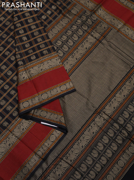 Kanchi cotton saree black and rust shade with allover thread checks & buttas and long rettapet thread woven border
