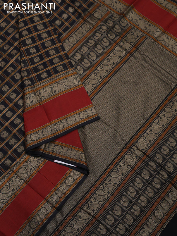 Kanchi cotton saree black and rust shade with allover thread checks & buttas and long rettapet thread woven border