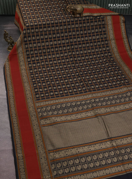 Kanchi cotton saree black and rust shade with allover thread checks & buttas and long rettapet thread woven border