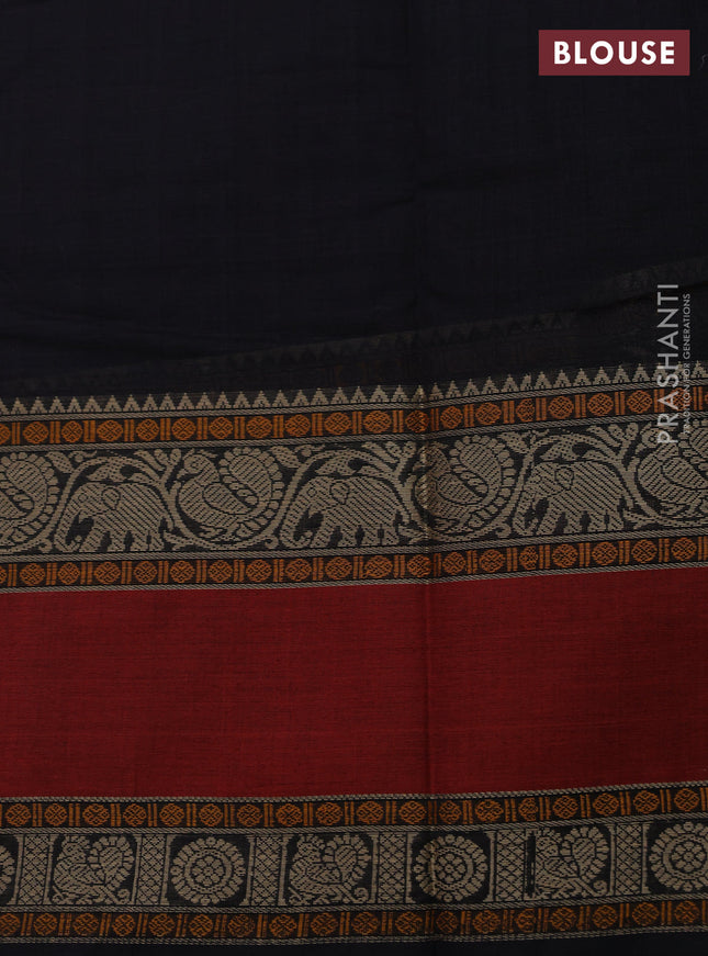 Kanchi cotton saree black and rust shade with allover thread checks & buttas and long rettapet thread woven border