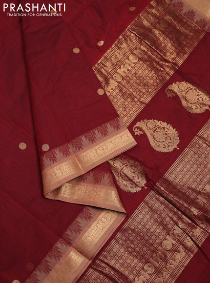 Kanchi cotton saree maroon and sandal with zari woven buttas and temple design zari woven border