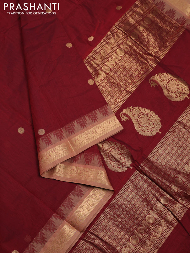 Kanchi cotton saree maroon and sandal with zari woven buttas and temple design zari woven border