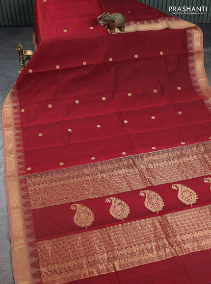 Kanchi cotton saree maroon and sandal with zari woven buttas and temple design zari woven border