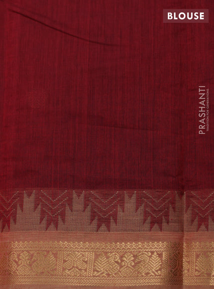 Kanchi cotton saree maroon and sandal with zari woven buttas and temple design zari woven border