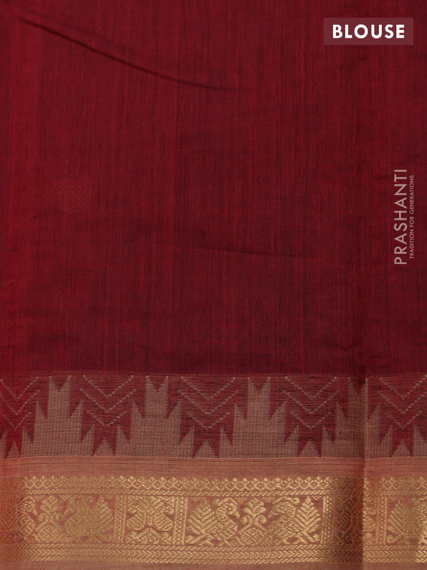 Kanchi cotton saree maroon and sandal with zari woven buttas and temple design zari woven border