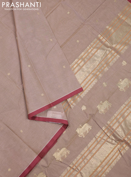 Kanchi cotton saree pastel brown and maroon with zari woven buttas and piping border