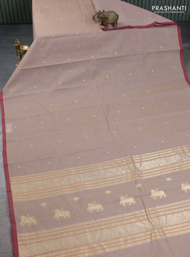 Kanchi cotton saree pastel brown and maroon with zari woven buttas and piping border