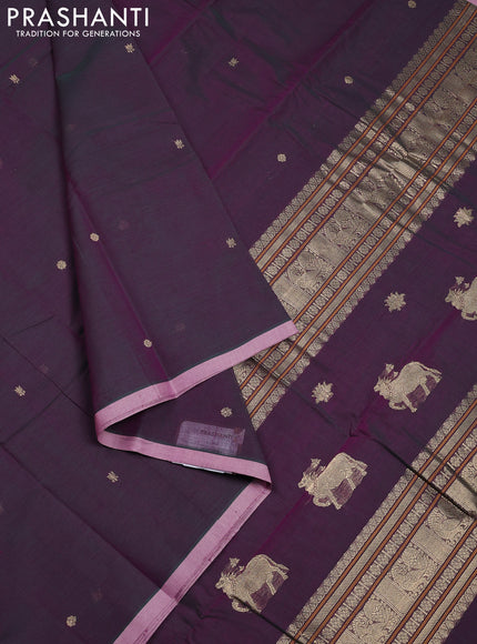 Kanchi cotton saree dual shade of greenish purple and pastel pink with zari woven buttas and piping border