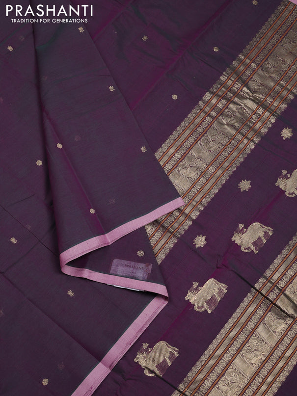 Kanchi cotton saree dual shade of greenish purple and pastel pink with zari woven buttas and piping border