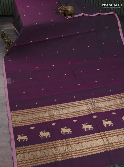 Kanchi cotton saree dual shade of greenish purple and pastel pink with zari woven buttas and piping border