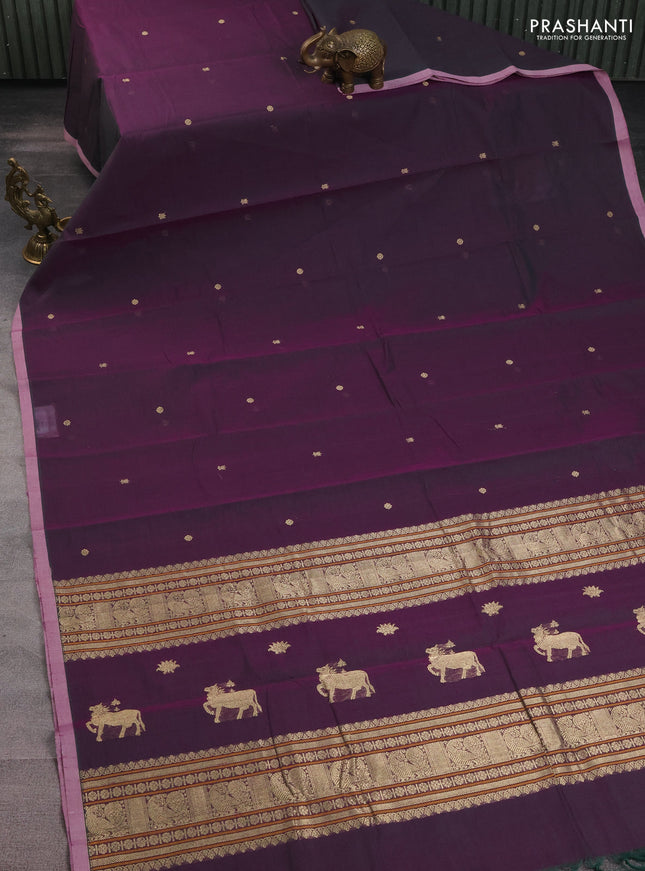Kanchi cotton saree dual shade of greenish purple and pastel pink with zari woven buttas and piping border