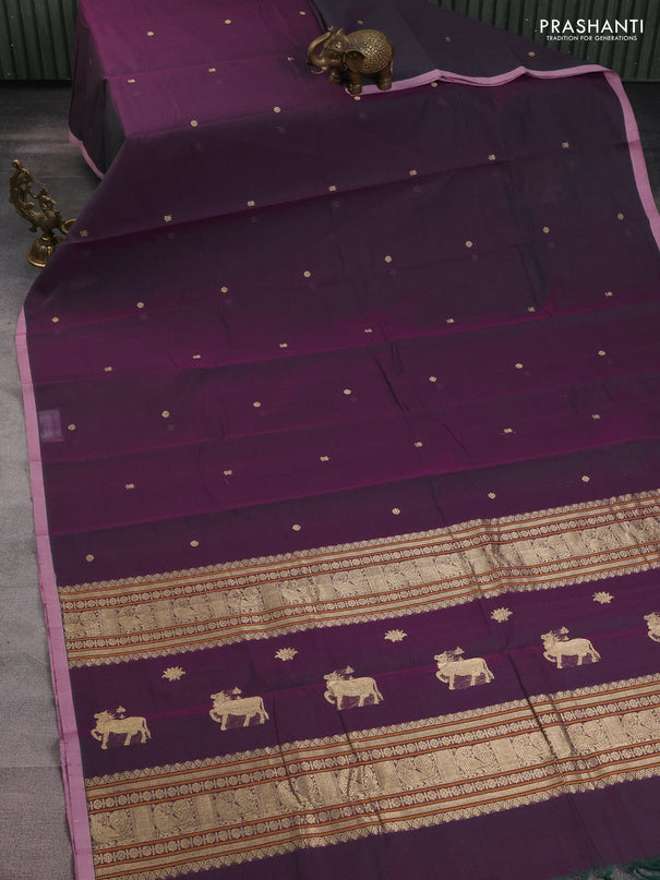Kanchi cotton saree dual shade of greenish purple and pastel pink with zari woven buttas and piping border