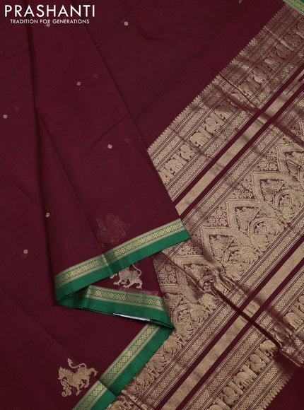 Kanchi cotton saree maroon and green with zari woven buttas and zari woven border
