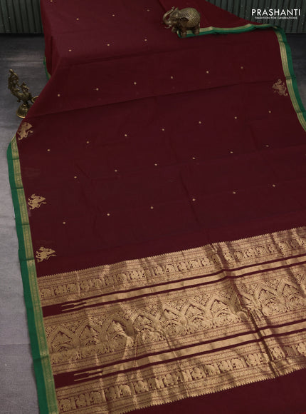 Kanchi cotton saree maroon and green with zari woven buttas and zari woven border