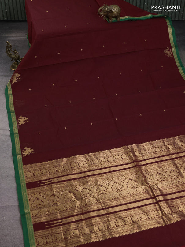 Kanchi cotton saree maroon and green with zari woven buttas and zari woven border