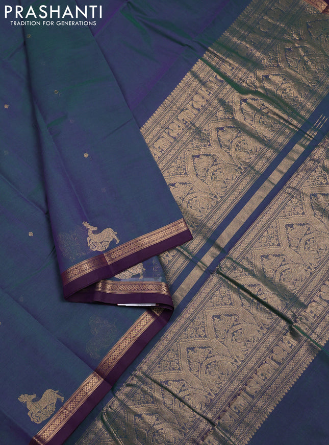 Kanchi cotton saree dual shade of greenish purple and purple with zari woven buttas and zari woven border