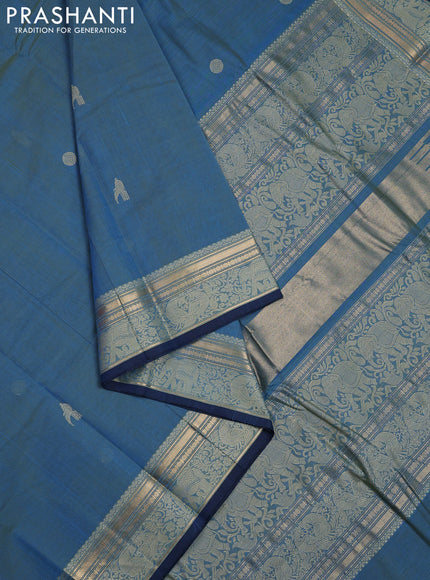 Kanchi cotton saree dual shade of blue and peacock blue with thread woven buttas and thread & zari woven border