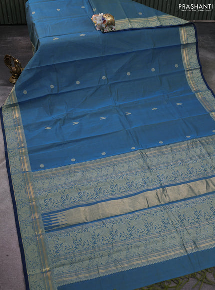Kanchi cotton saree dual shade of blue and peacock blue with thread woven buttas and thread & zari woven border