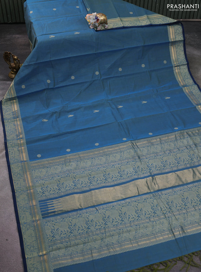 Kanchi cotton saree dual shade of blue and peacock blue with thread woven buttas and thread & zari woven border