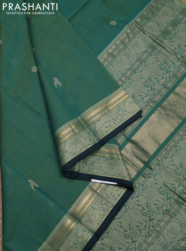 Kanchi cotton saree dual shade of green and peacock green with thread woven buttas and thread & zari woven border