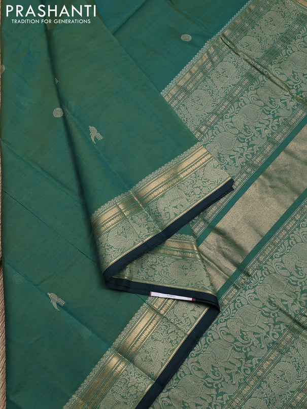 Kanchi cotton saree dual shade of green and peacock green with thread woven buttas and thread & zari woven border