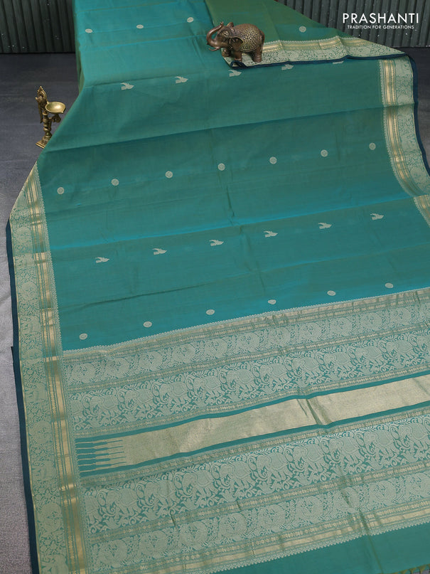 Kanchi cotton saree dual shade of green and peacock green with thread woven buttas and thread & zari woven border