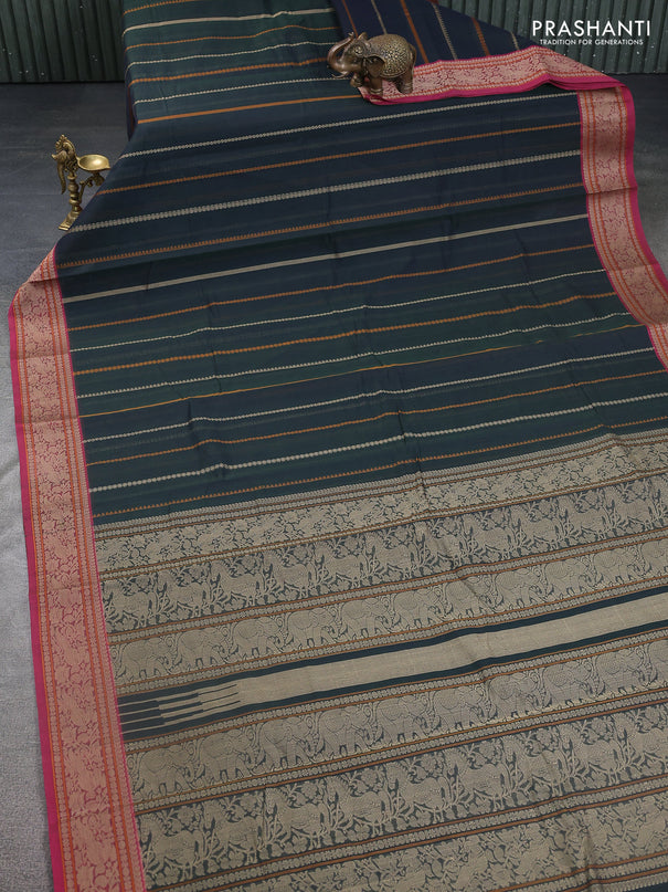 Kanchi cotton saree sap green and pink with allover thread weaves and thread woven border