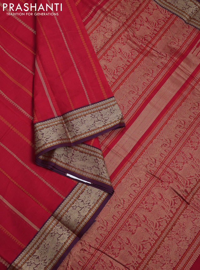 Kanchi cotton saree red and wine shade with allover thread weaves and thread woven border