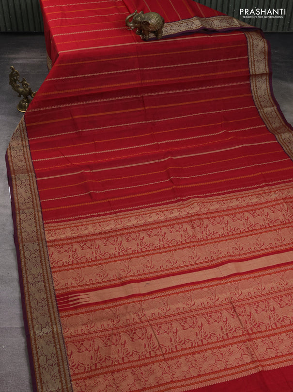 Kanchi cotton saree red and wine shade with allover thread weaves and thread woven border