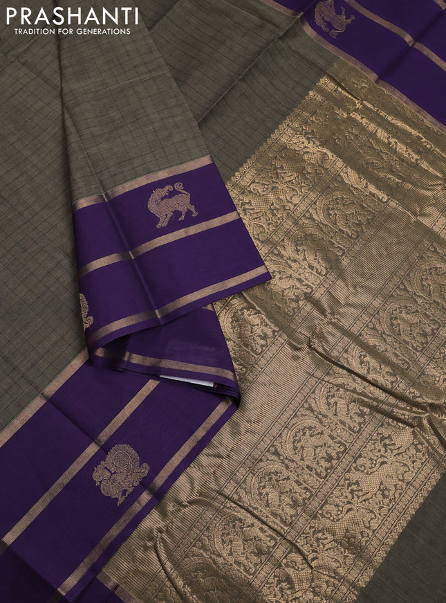 Kanchi cotton saree grey and violet with allover checked pattern and long zari woven butta border