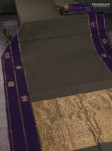 Kanchi cotton saree grey and violet with allover checked pattern and long zari woven butta border
