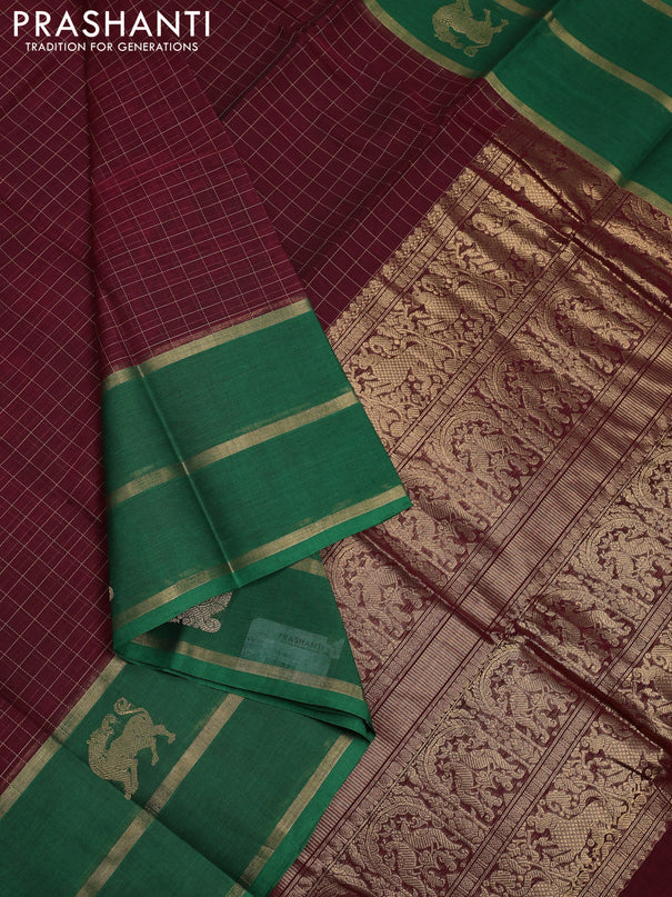 Kanchi cotton saree maroon and green with allover checked pattern and long zari woven butta border