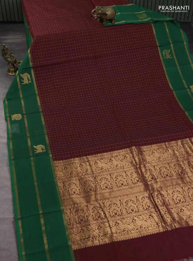 Kanchi cotton saree maroon and green with allover checked pattern and long zari woven butta border