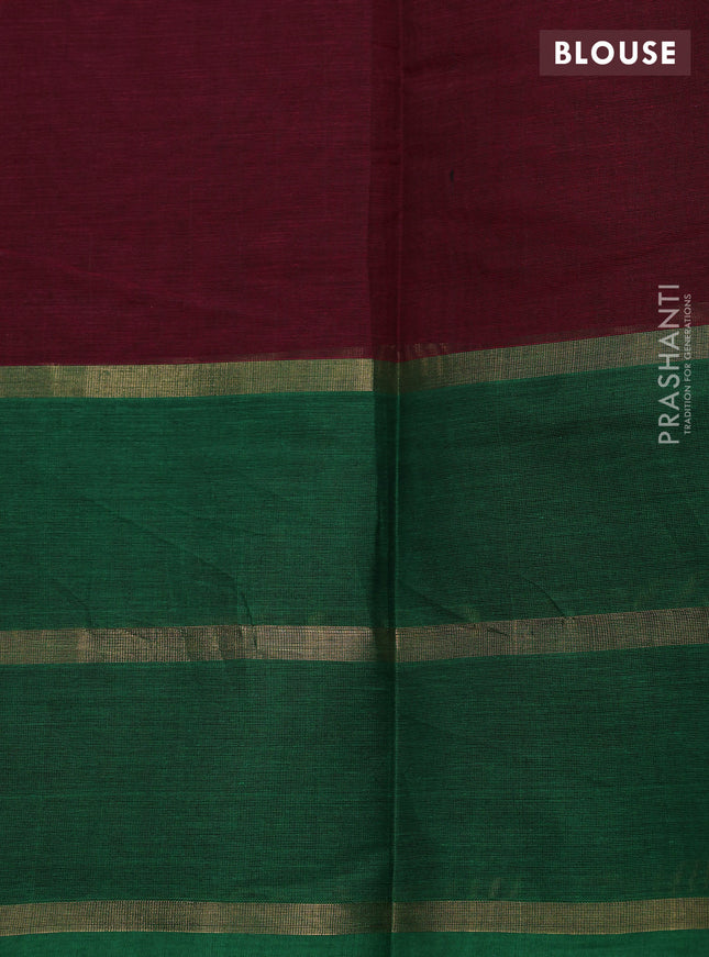 Kanchi cotton saree maroon and green with allover checked pattern and long zari woven butta border