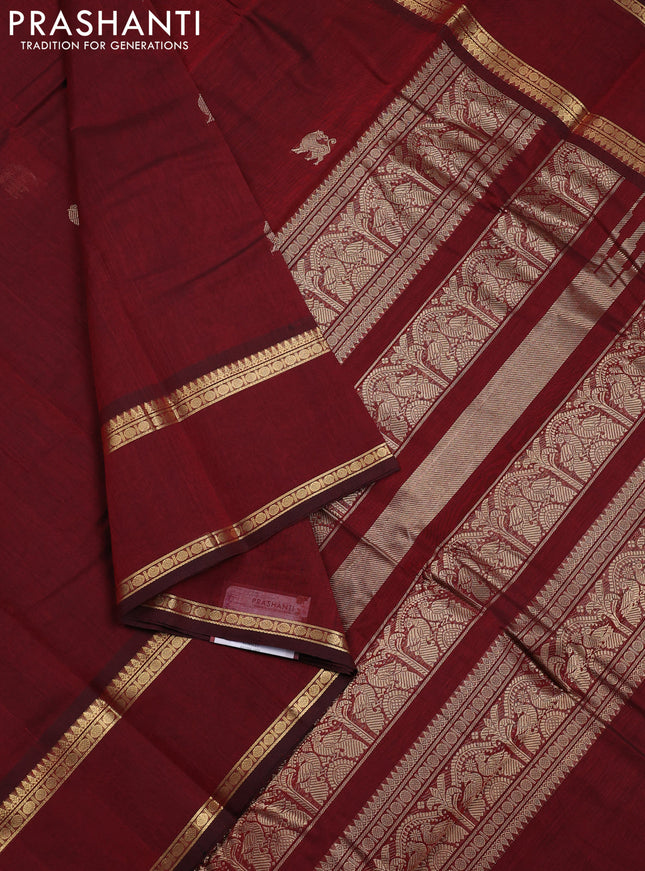 Kanchi cotton saree maroon with zari woven buttas and rettapet zari woven border